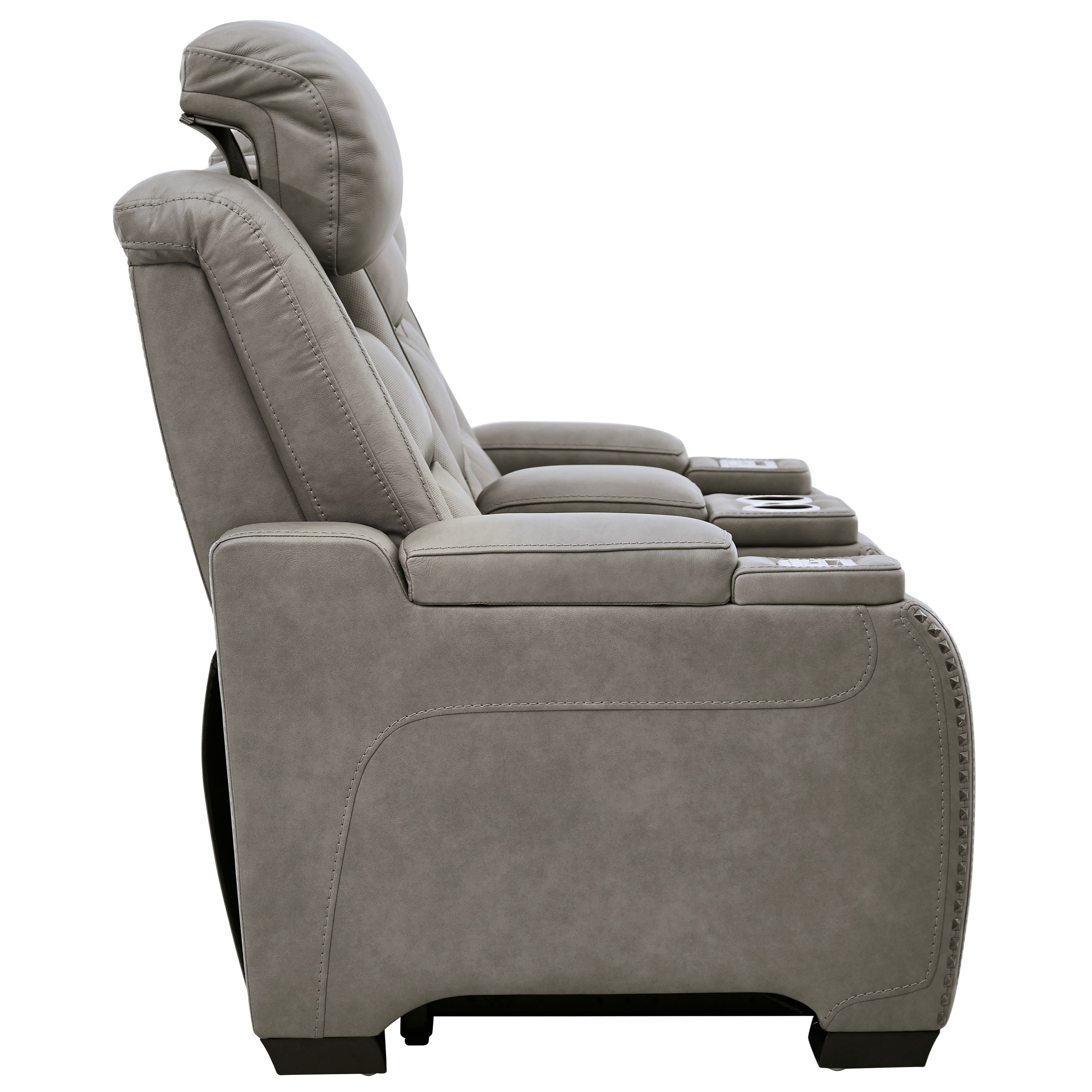 Power recliner loveseat with clearance adjustable headrest and lumbar